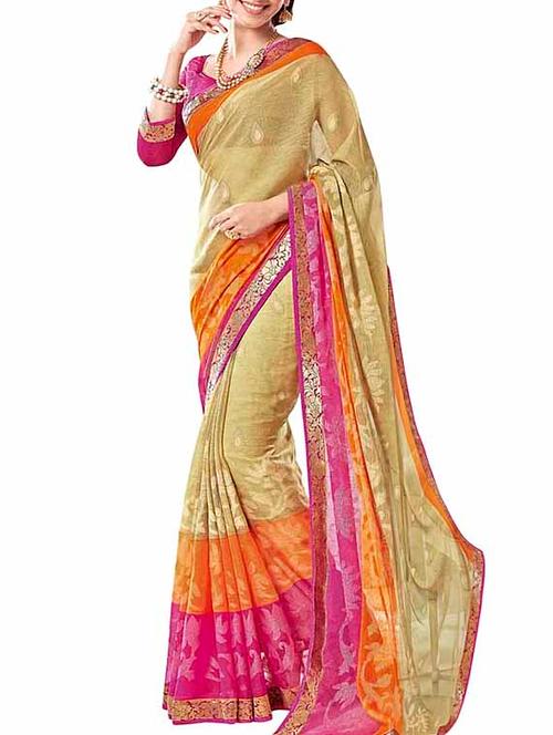 beige chiffon printed saree with blouse - 11767364 - Very Small Image - 1