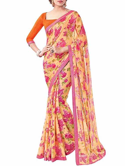 yellow chiffon floral print saree with blouse - 11767365 - Very Small Image - 1