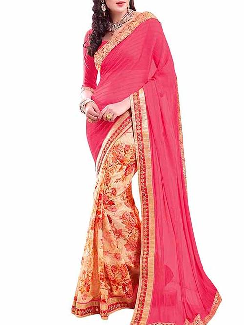pink georgette floral print half & half saree with blouse - 11767380 - Very Small Image - 1