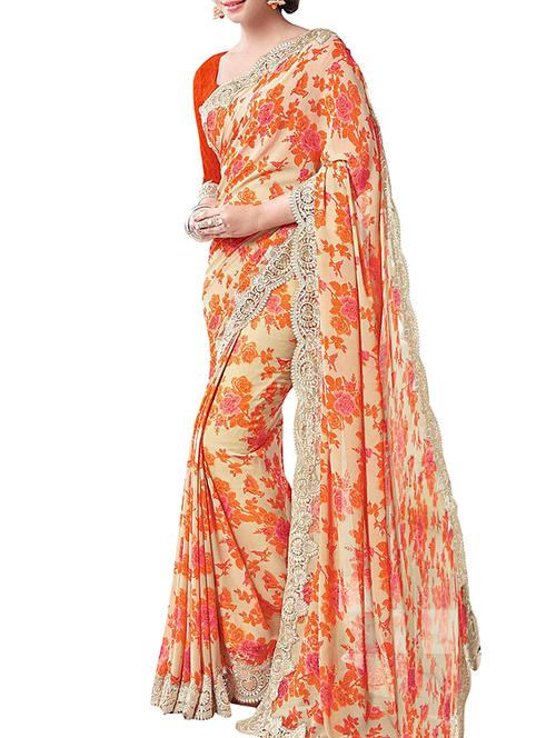 orange georgette printed saree with blouse - 11767389 - Very Small Image - 1