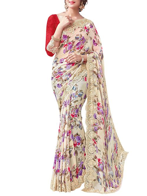 white georgette floral print saree with blouse - 11767395 - Very Small Image - 1