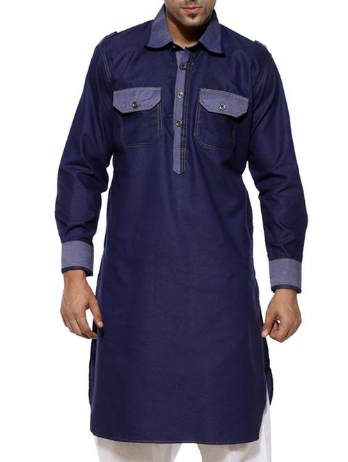 solid dark blue cotton pathani kurta - 11768939 - Very Small Image - 1