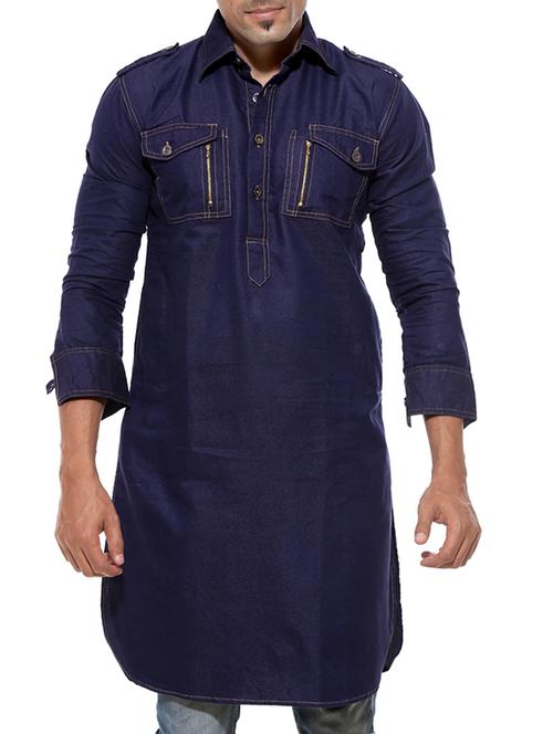 solid navy blue cotton pathani kurta - 11769022 - Very Small Image - 1
