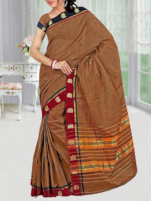 brown cotton saree with blouse - 11775720 - Very Small Image - 1