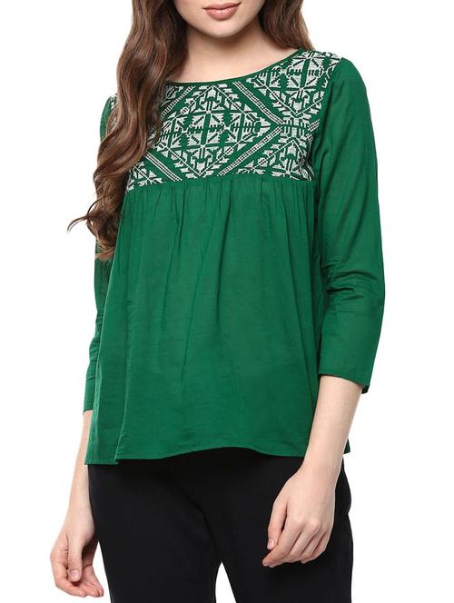 dark green embroidered cotton three quarter sleeved top - 11785133 - Very Small Image - 1