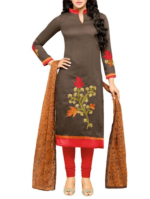 brown embroidered cotton blend unstitched suit set - 11787655 - Very Small Image - 1