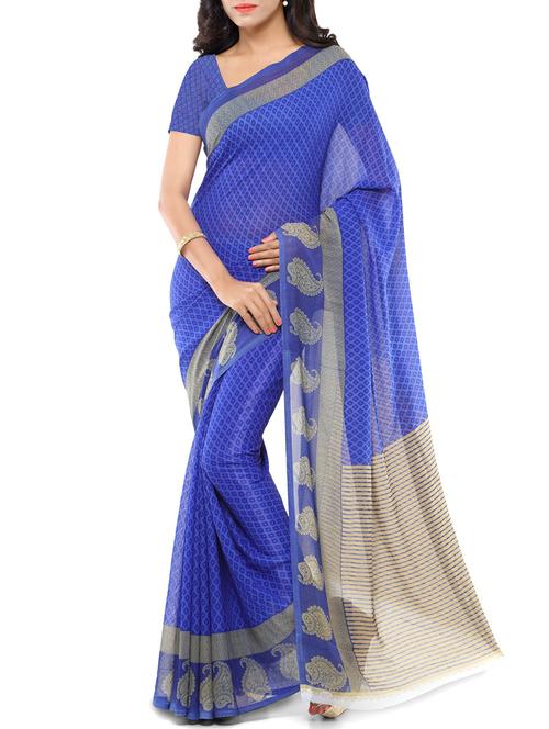 women's printed blue colored saree with blouse - 11787980 - Very Small Image - 1
