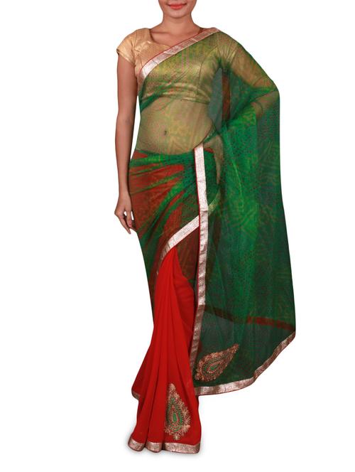 Red and green sheer georgette half & half saree - 1179272 - Very Small Image - 1