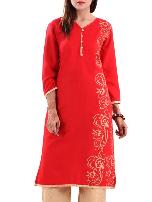 red cotton straight kurti - 11802948 - Very Small Image - 1