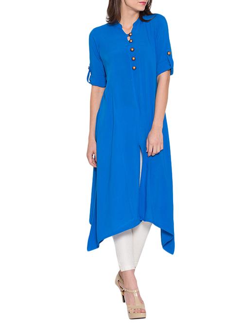solid blue rayon asymmetrical kurta - 11803010 - Very Small Image - 1