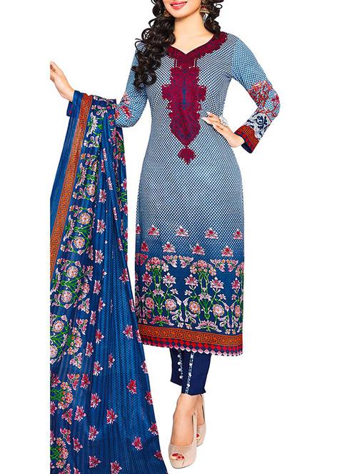 blue cotton unstitched suit - 11825506 - Very Small Image - 1