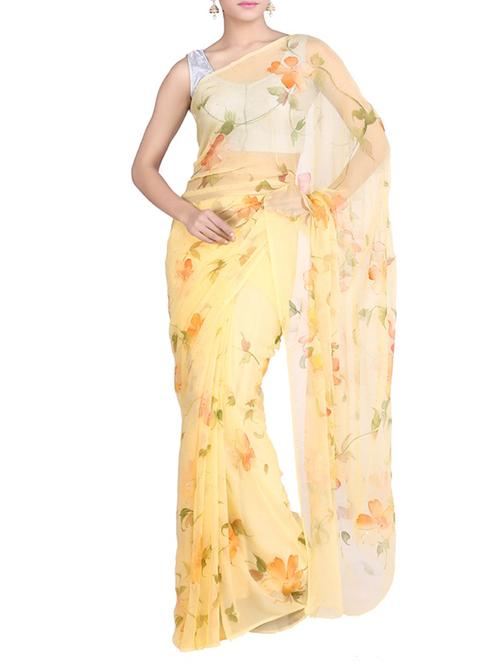 yellow floral printed chiffon saree with blouse - 11834402 - Very Small Image - 1