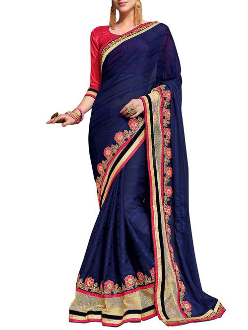 blue chiffon bordered saree with blouse - 11852002 - Very Small Image - 1