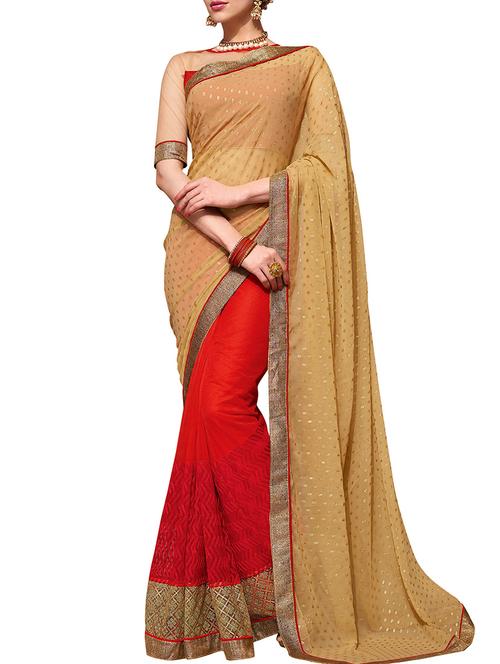 beige and red georgette half & half saree with blouse - 11852007 - Very Small Image - 1