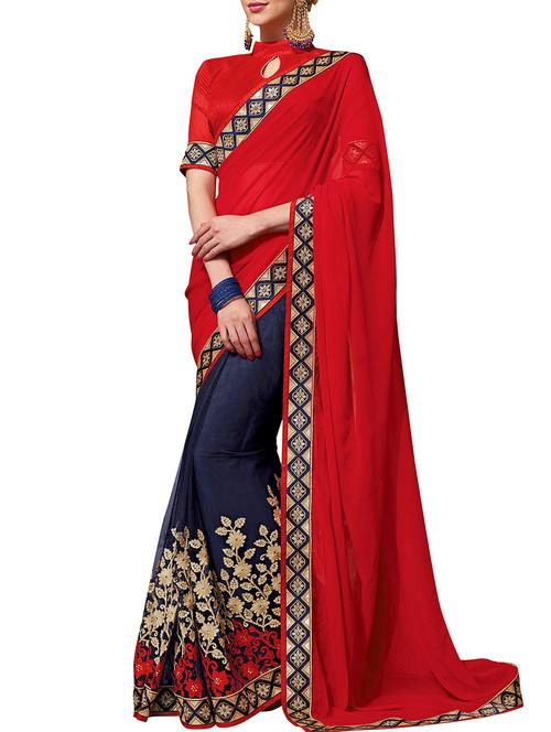 red and blue georgette half & half saree with blouse - 11852010 - Very Small Image - 1