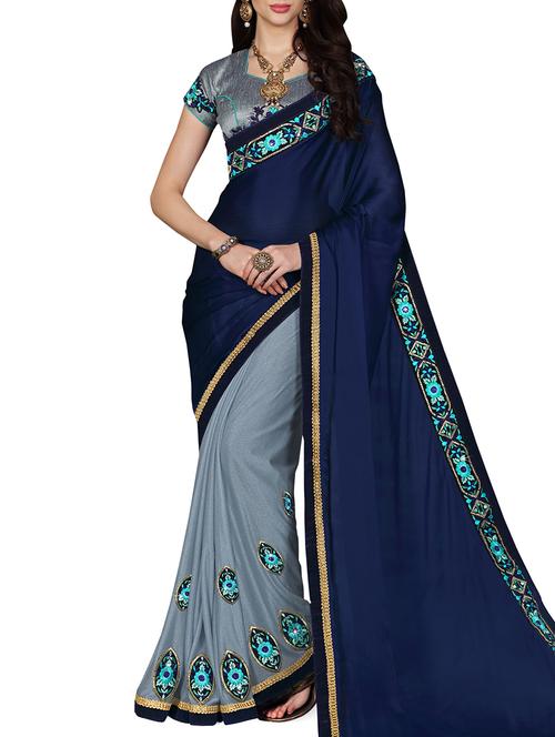 blue and grey chiffon half & half saree with blouse - 11852040 - Very Small Image - 1