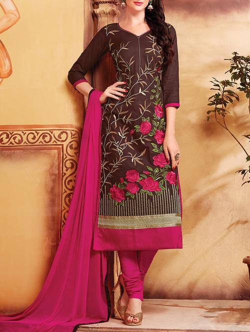 brown embroidered cotton un-stitched suit set - 11855060 - Very Small Image - 1