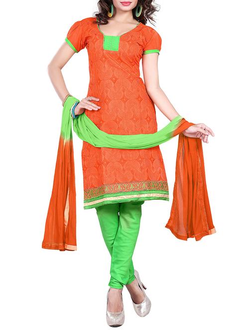 orange embroidered cotton un-stitched suit set - 11855100 - Very Small Image - 1