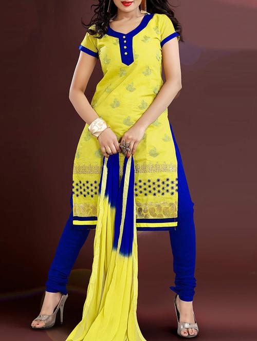 yellow embroidered cotton un-stitched suit set - 11855102 - Very Small Image - 1
