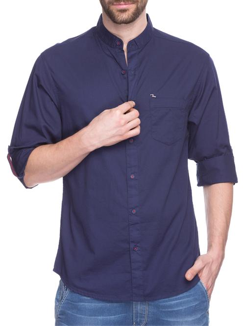 solid navy blue cotton casual shirt - 11855200 - Very Small Image - 1