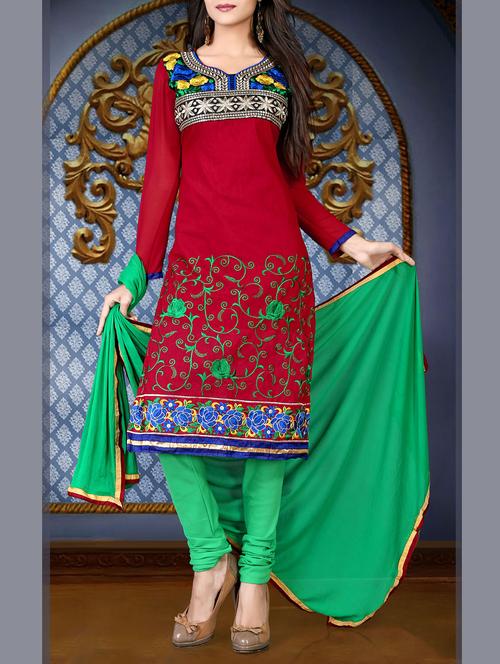 red chanderi cotton unstitched suit - 11856342 - Very Small Image - 1