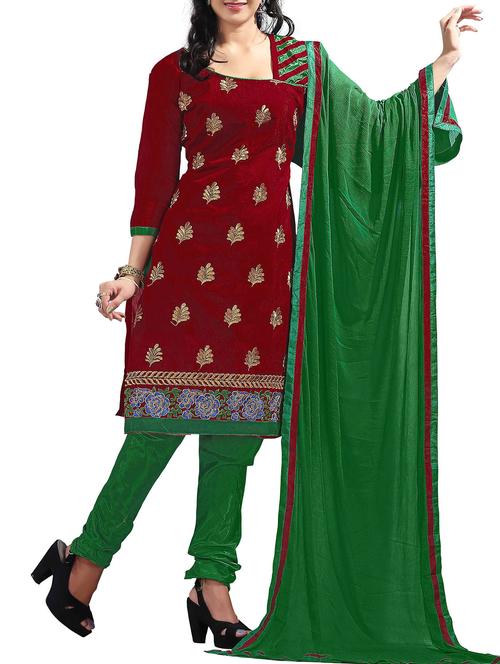 red chanderi cotton unstitched suit - 11856358 - Very Small Image - 1