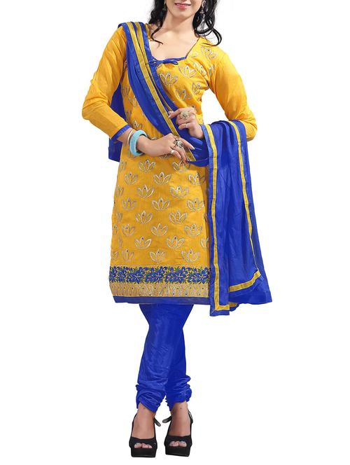 yellow chanderi cotton unstitched suit - 11856359 - Very Small Image - 1