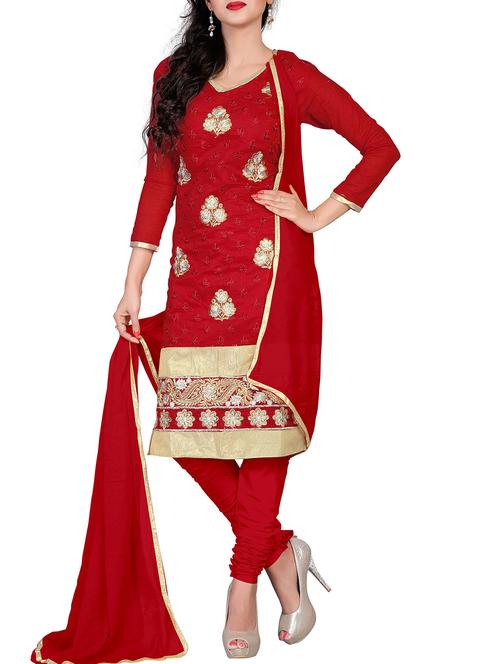 red chanderi cotton unstitched suit - 11856390 - Very Small Image - 1