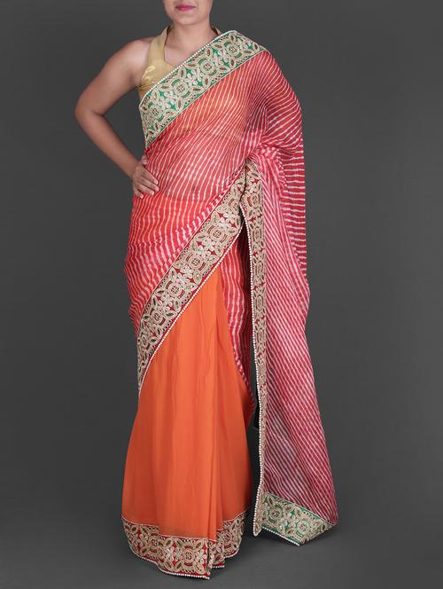 orange half and half Georgette embroidered lehariya Saree - 1186411 - Very Small Image - 1