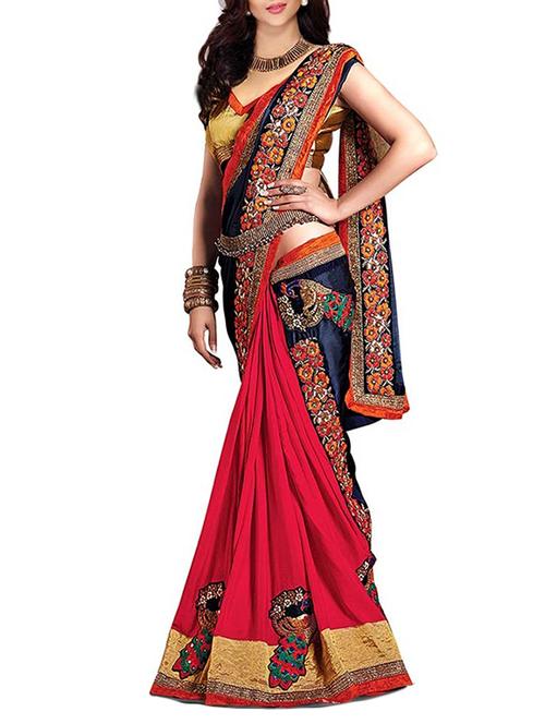 red georgette embroidered lehenga saree with blouse - 11864215 - Very Small Image - 1