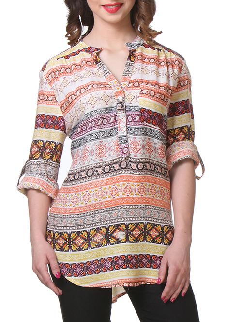 ethnic print roll up sleeves rayon top - 1187014 - Very Small Image - 1
