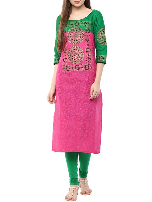 pink & green cotton straight kurta - 11872817 - Very Small Image - 1