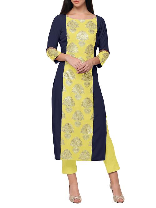 yellow & navy blue crepe long kurta - 11875382 - Very Small Image - 1