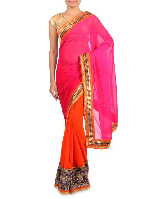 orange and pink embroidered georgette saree - 1188175 - Very Small Image - 1