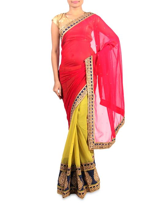 red and lime embroidered georgette saree - 1188188 - Very Small Image - 1