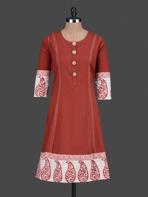 ambi print rust cotton long anarkali kurta - 1189311 - Very Small Image - 1