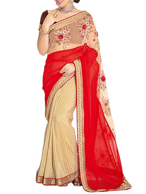 red faux georgette half and half saree with blouse - 11901728 - Very Small Image - 1