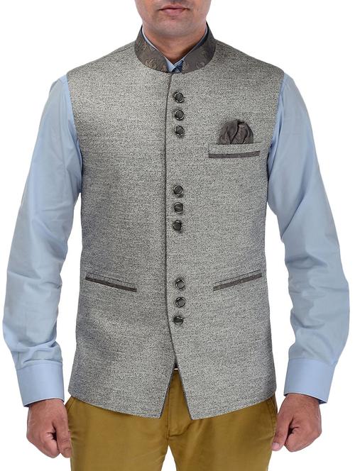 grey tussar nehru jacket - 11906084 - Very Small Image - 1
