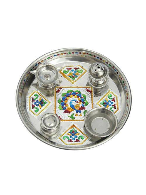 handicrafts paradise pooja thali with peacock motif in stainless steel - 11906617 - Very Small Image - 1