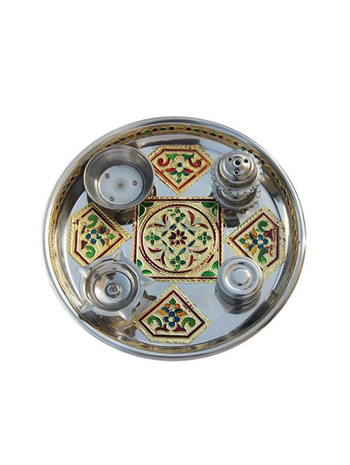 handicrafts paradise puja plate in steel golden floral motif - 11906619 - Very Small Image - 1