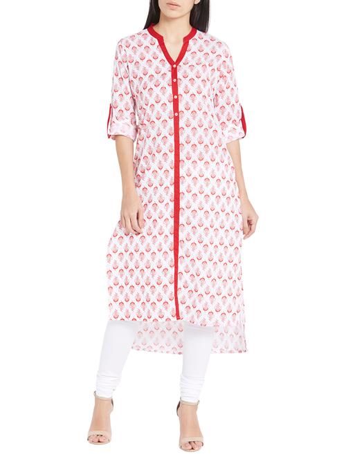 white printed cotton high-low kurta - 11907649 - Very Small Image - 1