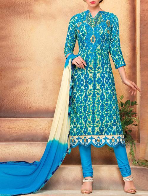 blue printed unstitched straight suit - 11913596 - Very Small Image - 1
