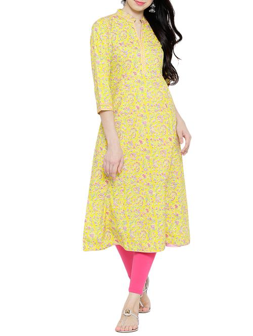 yellow cotton long kurta - 11919110 - Very Small Image - 1