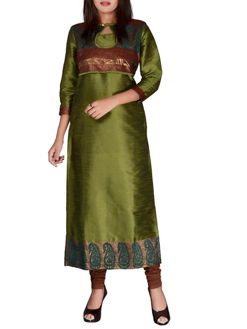 green silk blend straight kurta - 11926977 - Very Small Image - 1