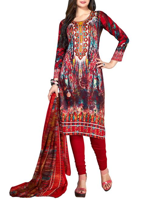 red cotton unstitched suit - 11933592 - Very Small Image - 1