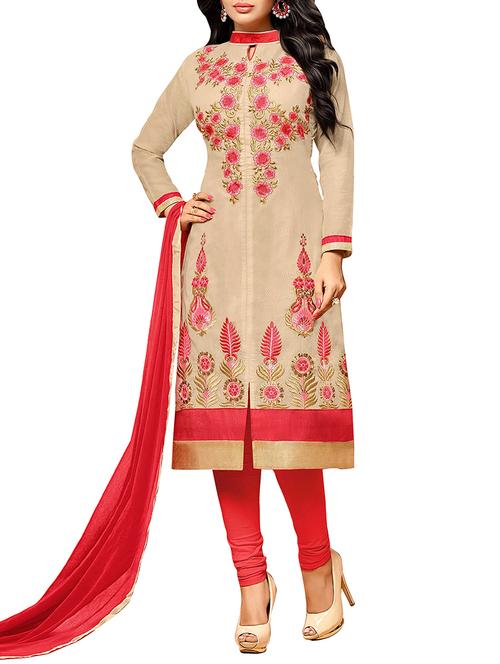 cream cotton unstitched suit - 11933624 - Very Small Image - 1