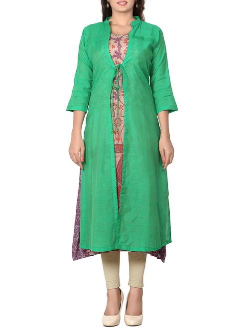 green silk straight kurta - 11938972 - Very Small Image - 1