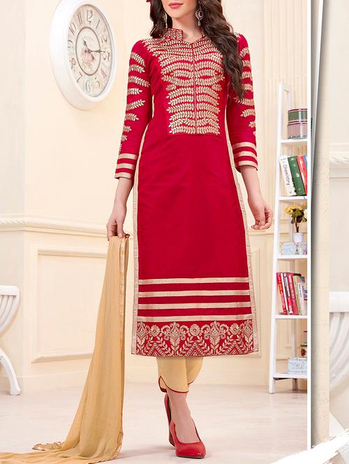 red cotton semistitched suit - 11941003 - Very Small Image - 1