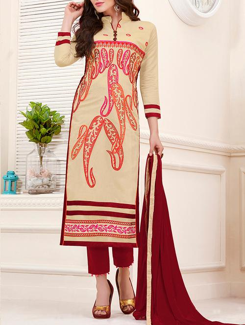 beige cotton semistitched suit - 11941005 - Very Small Image - 1