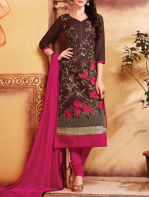 brown cotton blend semistitched suit - 11941038 - Very Small Image - 1